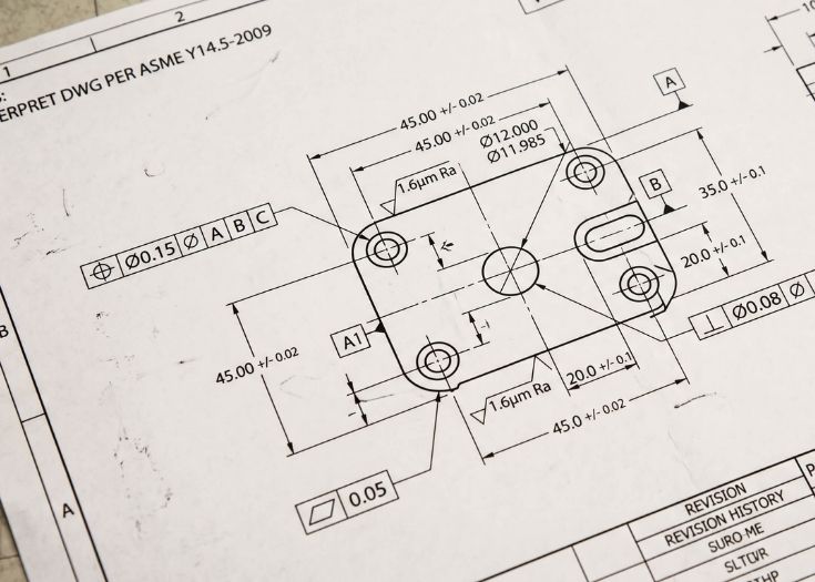 2D engineering drawing with dimensions and tolerances