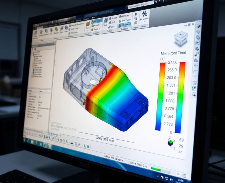 Mold flow simulation of a plastic part on a computer monitor