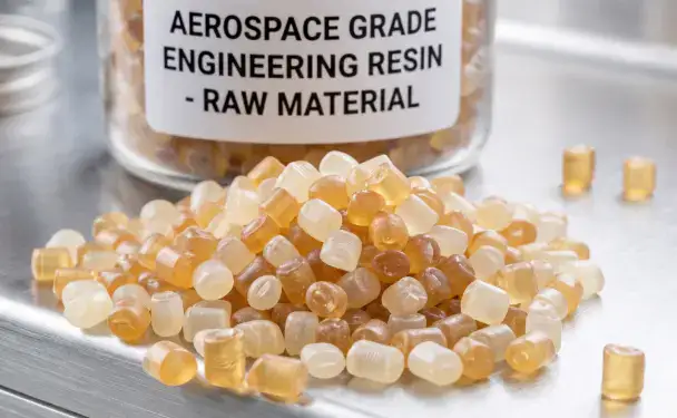 Amber engineering-grade resin pellets in front of a labeled jar