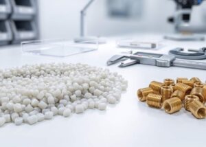 White plastic resin pellets next to brass threaded inserts and calipers