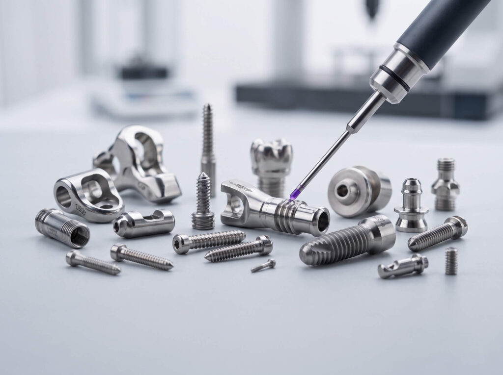 Precision-machined metal medical screws and implant components with an inspection probe